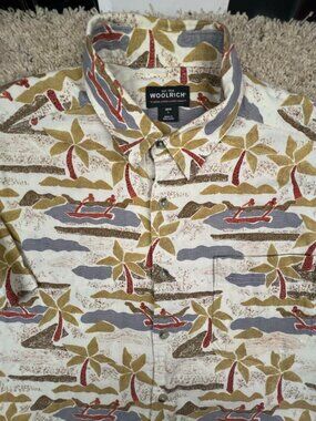 Woolrich Button Up Shirt Mens Large Multicolor Short Sleeve Palm Tree Beach